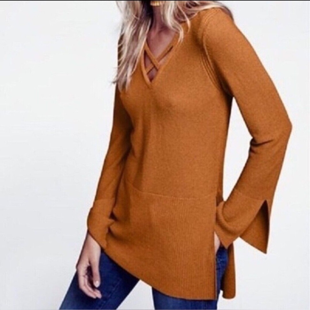 FREE PEOPLE Criss Cross Ginger Root Ochre Linen Blend Tunic Sweater Dress Size M